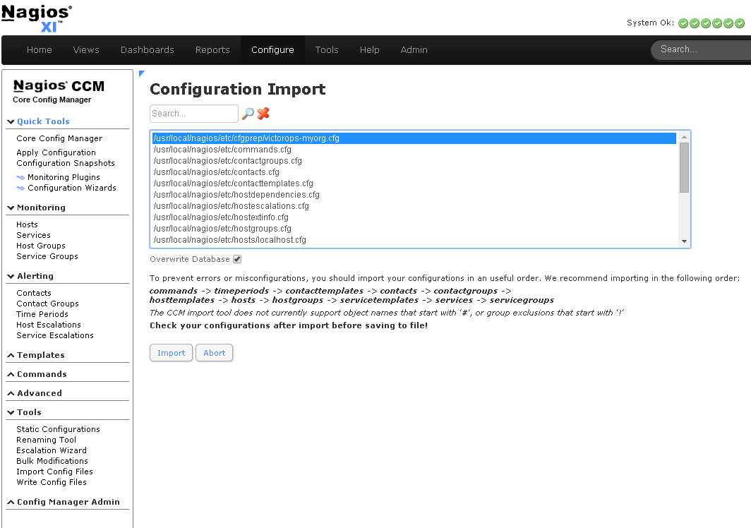 Config Nagios XI Import - Click Tools -> Import Config Files