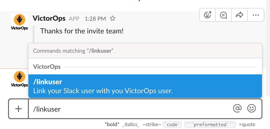 using linkuser command to lick slack with victorops