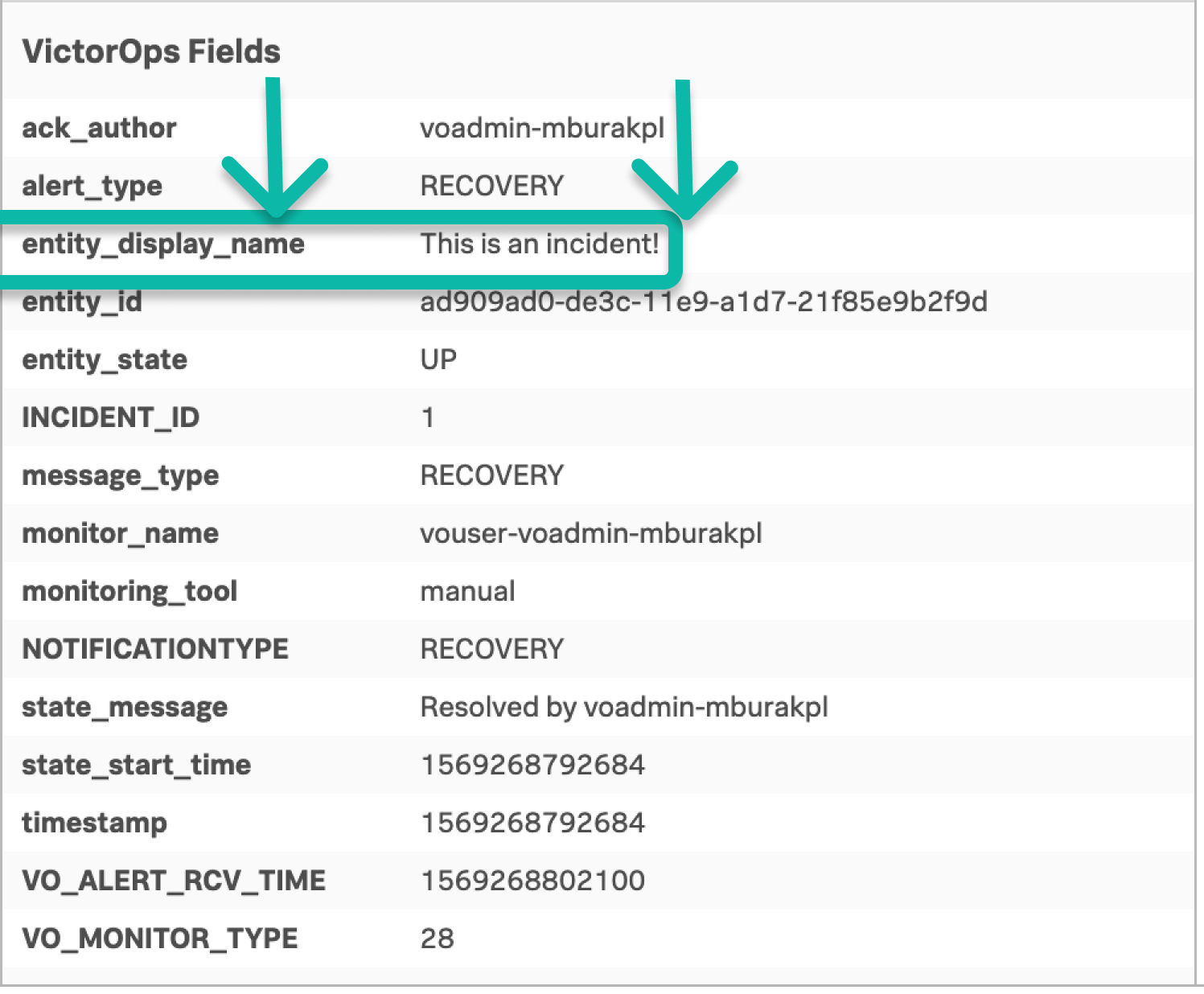 VictorOps fields with field of entity_display name as "This is an incident" highlighted.