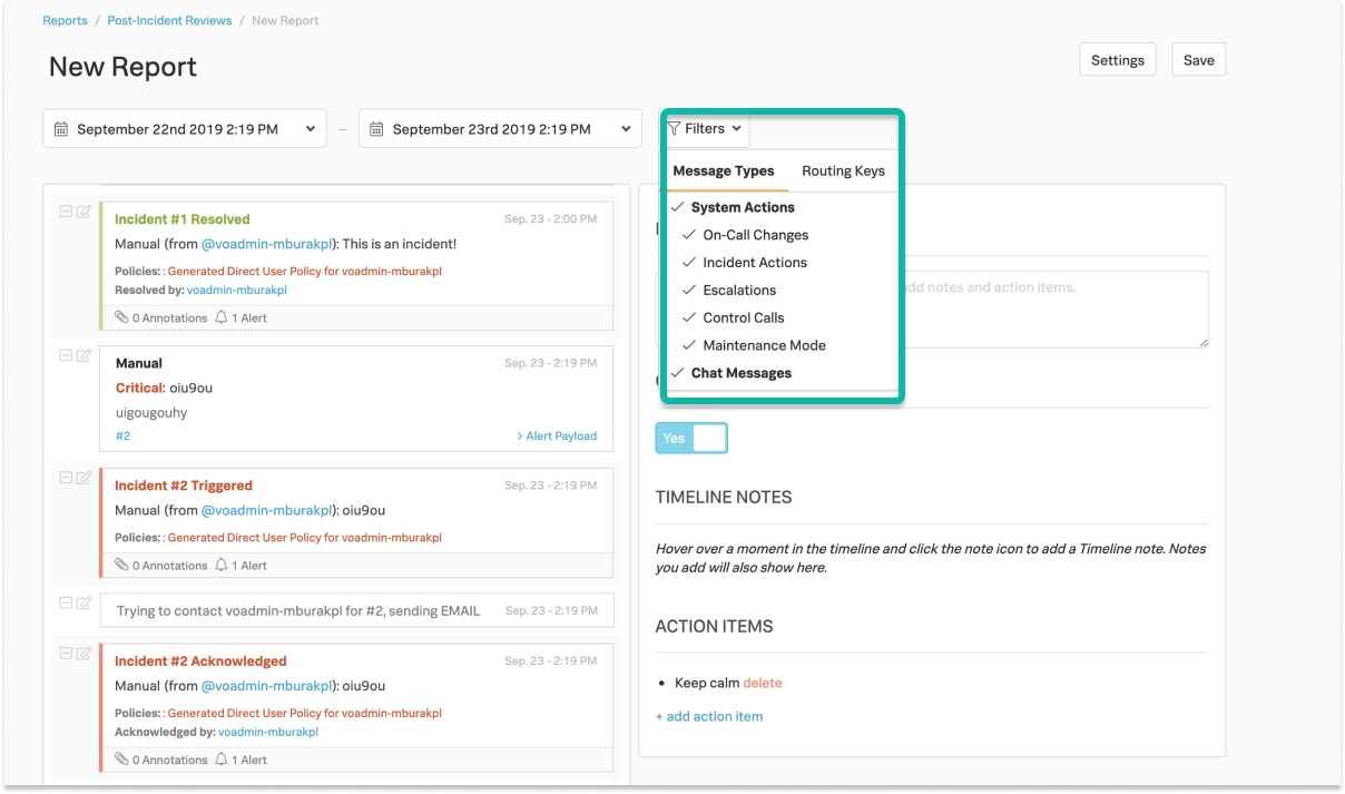 Post Incident Review screen, Filters highlighted showing Message Types and Routing Keys options.