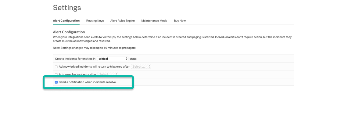 The VictorOps Settings -> Alert Configuration page, with ‘Send a notification when incidents resolve’ setting checked off.