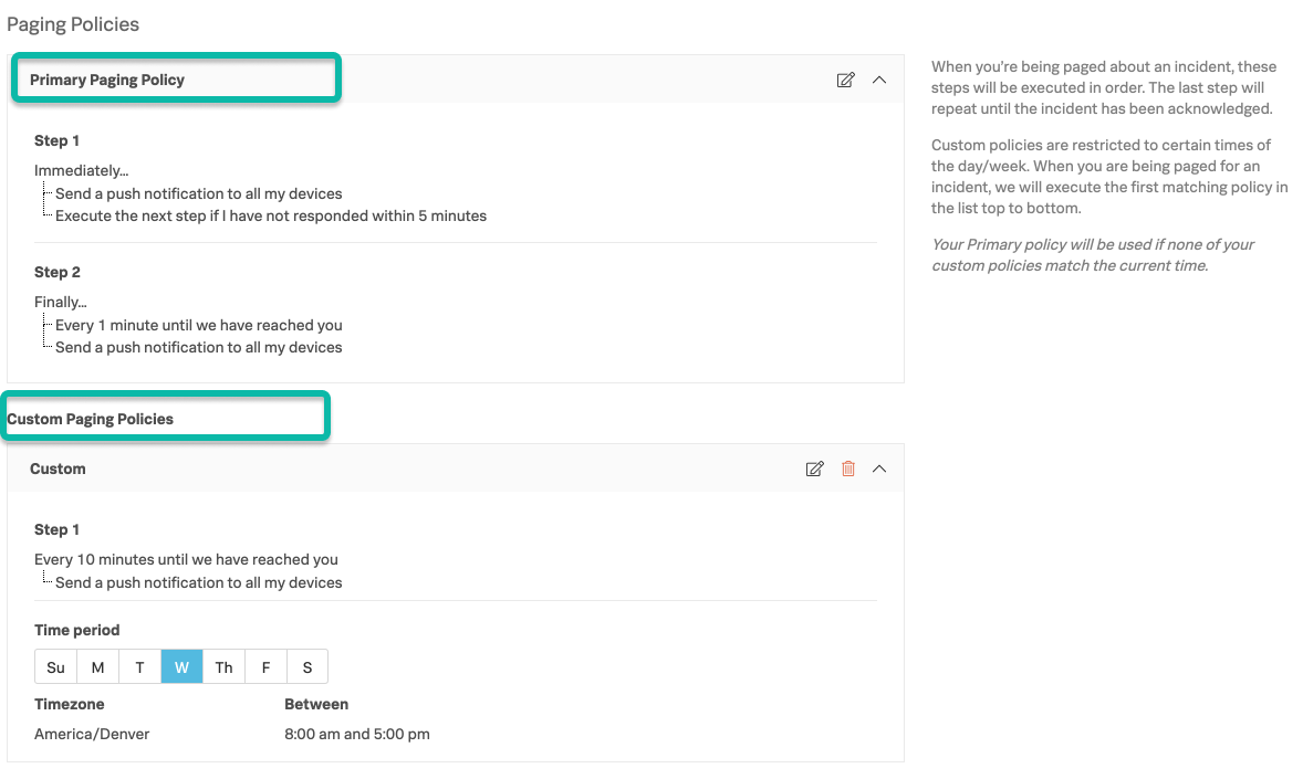 VictorOps Paging Policies - display of Primary and Custom Paging Policies above and below each other.